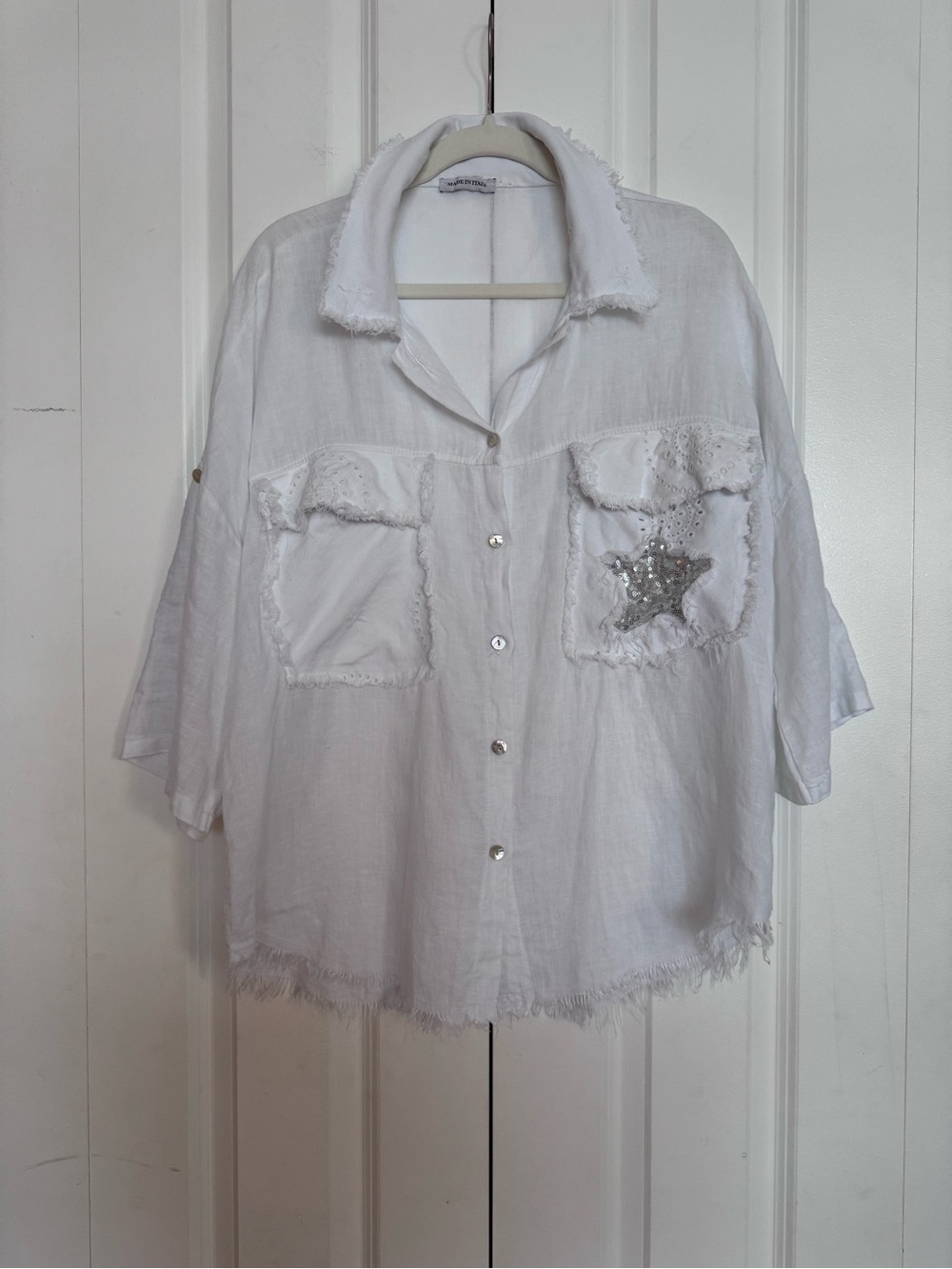 Made in Italy 80% Linen 20% Cotton Shirt One Size White Frayed Hem Sequin
Star